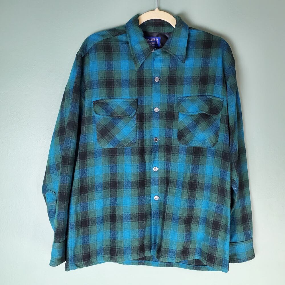 Vintage Bellmont Men's Blue Plaid Wool Blend Flannel Button Up Shirt Size Medium